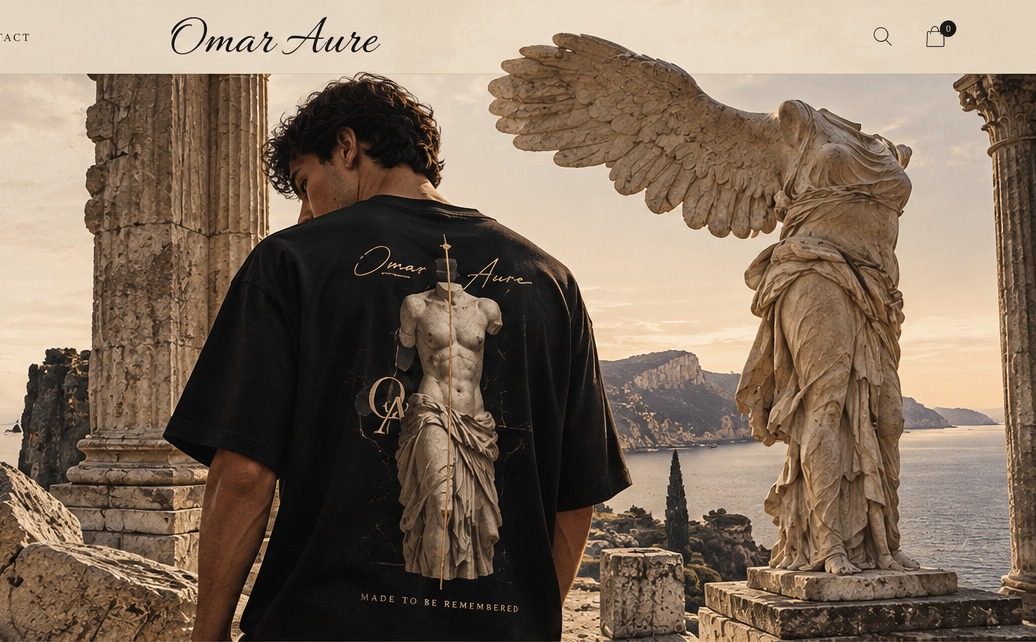 OMAR AURE editorial with Greek statues, ancient stone ruins and Mediterranean sea