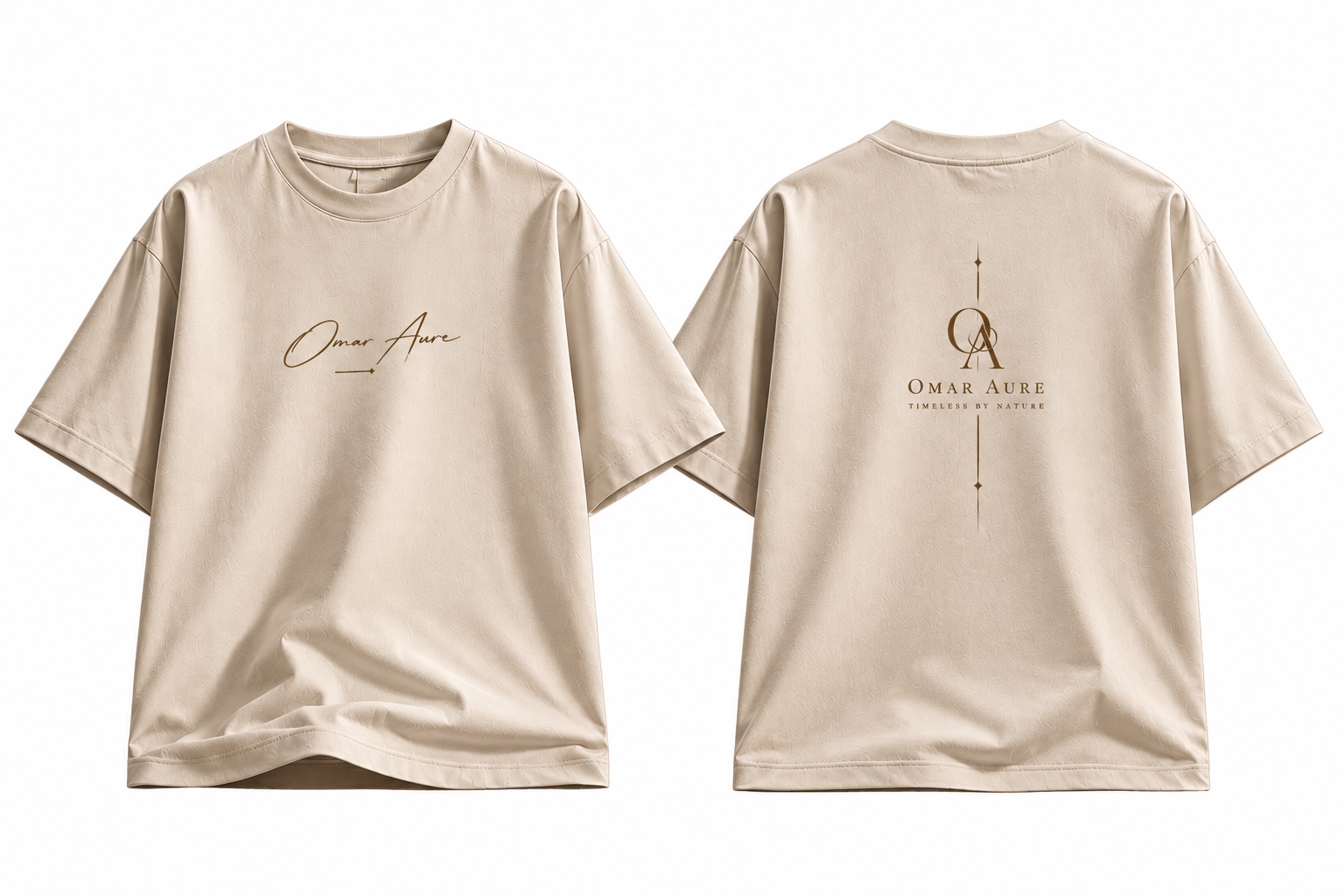 Beige OMAR AURE signature T-shirt, front and back