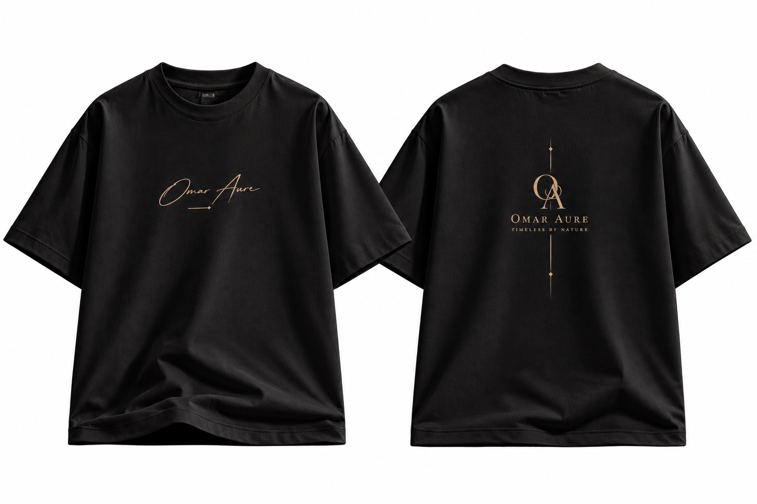 Black OMAR AURE signature T-shirt, front and back