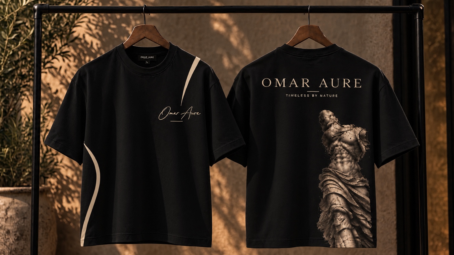 Black OMAR AURE Statue Collection T-shirt, front and back
