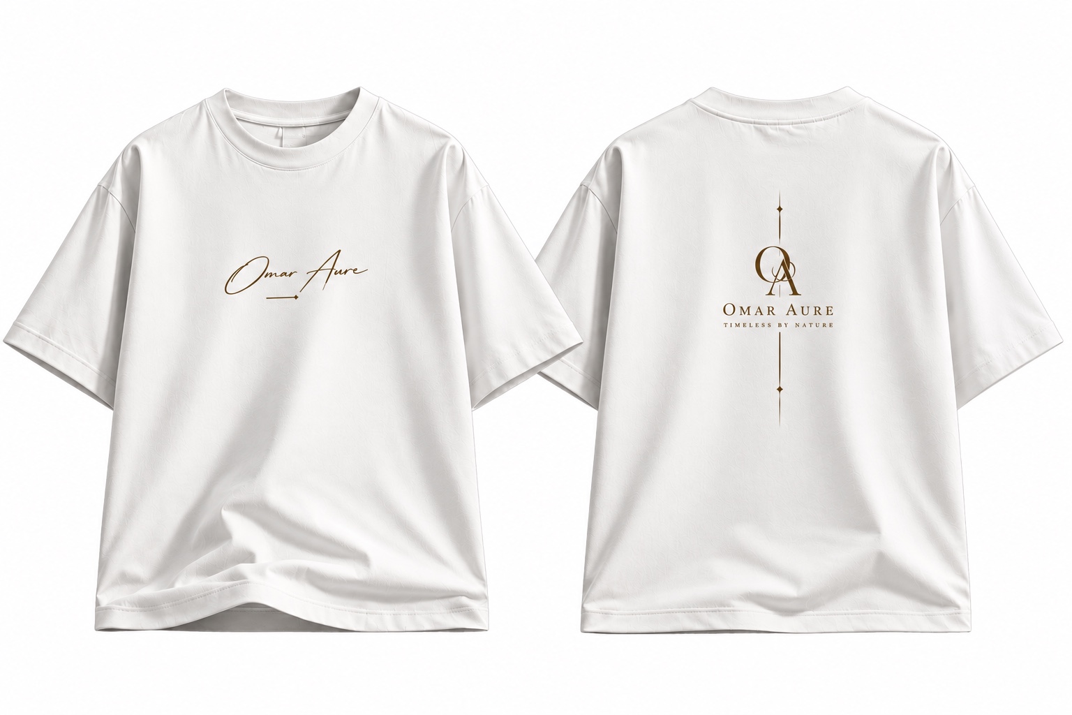 White OMAR AURE signature T-shirt, front and back
