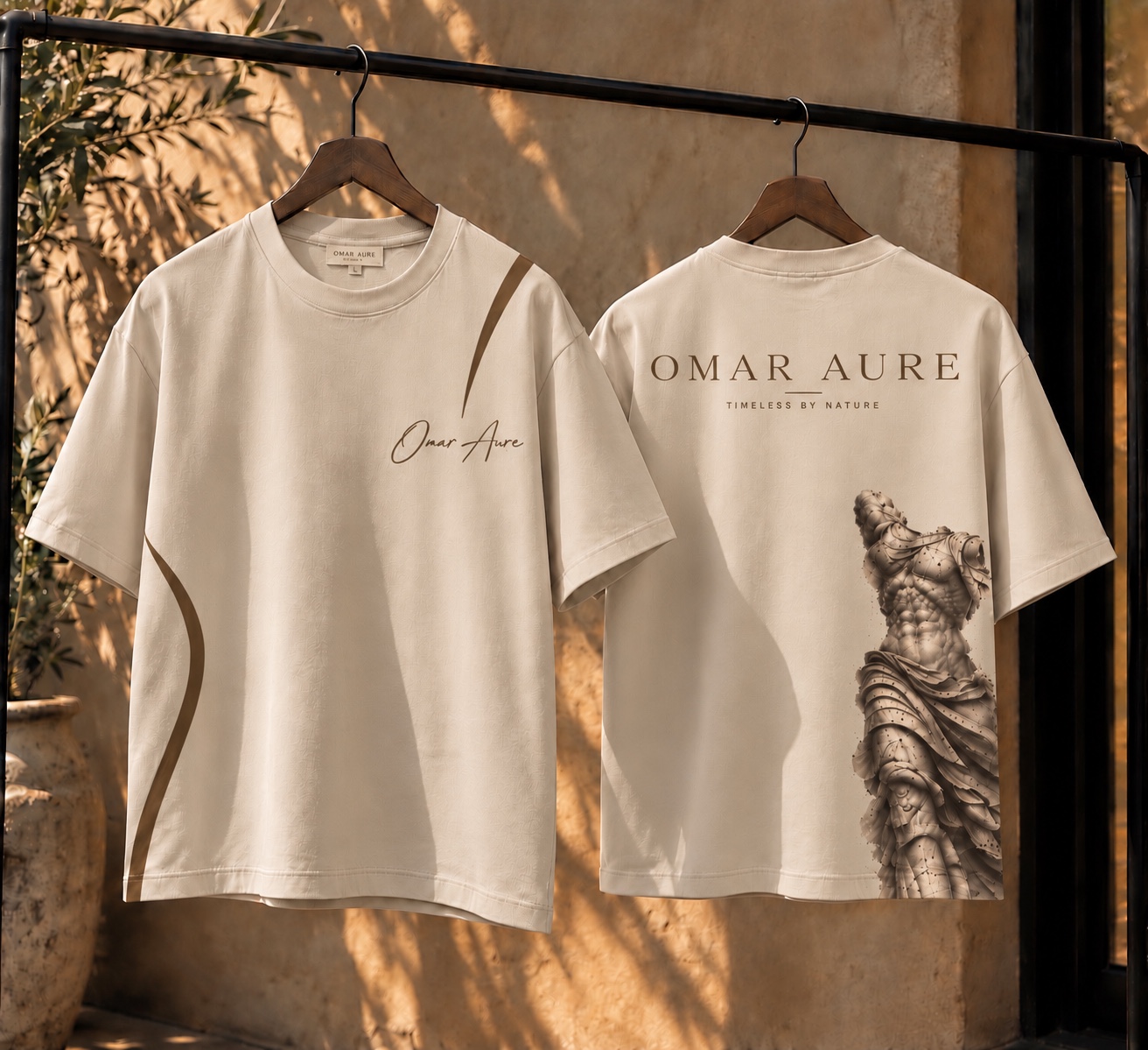 White OMAR AURE Statue Collection T-shirt, front and back